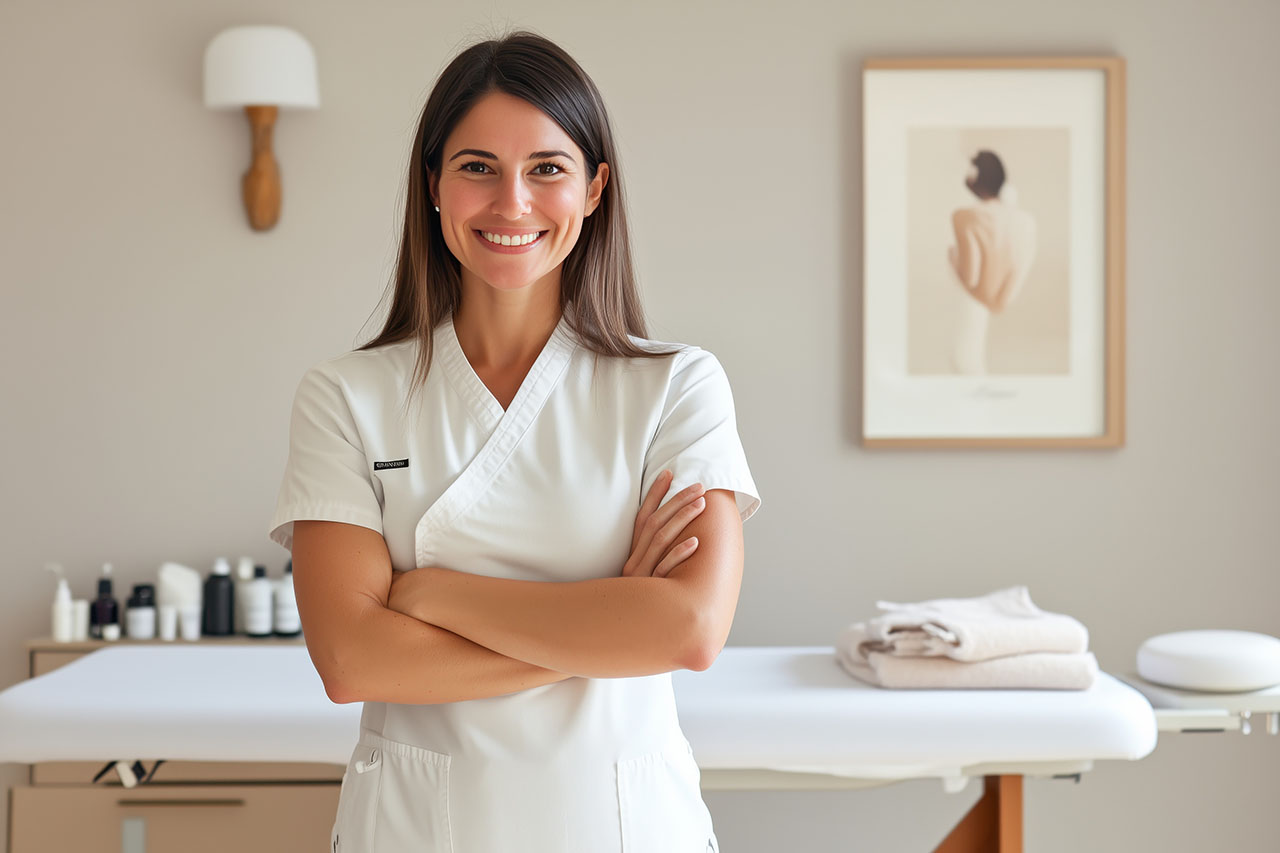 A woman massagist is standing in front of her massage table, smi